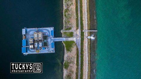 Singapore industrial photographer with an aerial drone photography of water purification at semakau, by tuckys