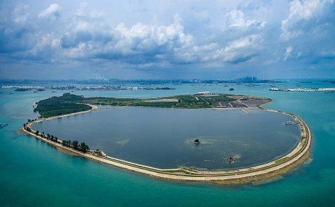 Industrial photography project with drone image of landfill cell in semakau island — industrial photographer singapore, waste management photography singapore