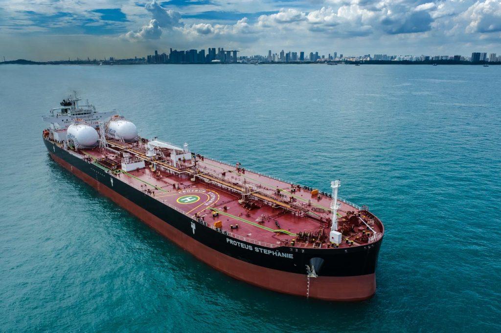 Aerial photography and videography of oil tanker at Singapore's Eastern anchorage.