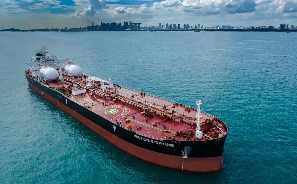 Aerial photography and videography of oil tanker at Singapore's Eastern anchorage.