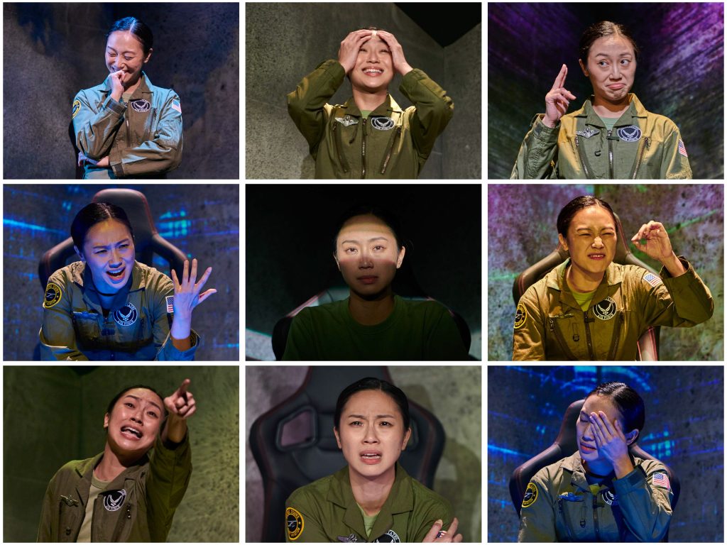 A montage of different espressions of an actor during the performance of Grounded, by Singapore Theatre Company. Theatre production photography by tuckys photography