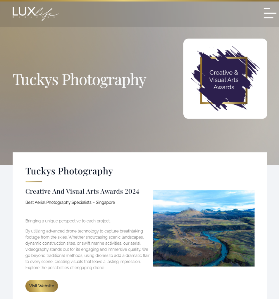 best aerial photography specialist Singapore by Lux Life creative visual awards 2024